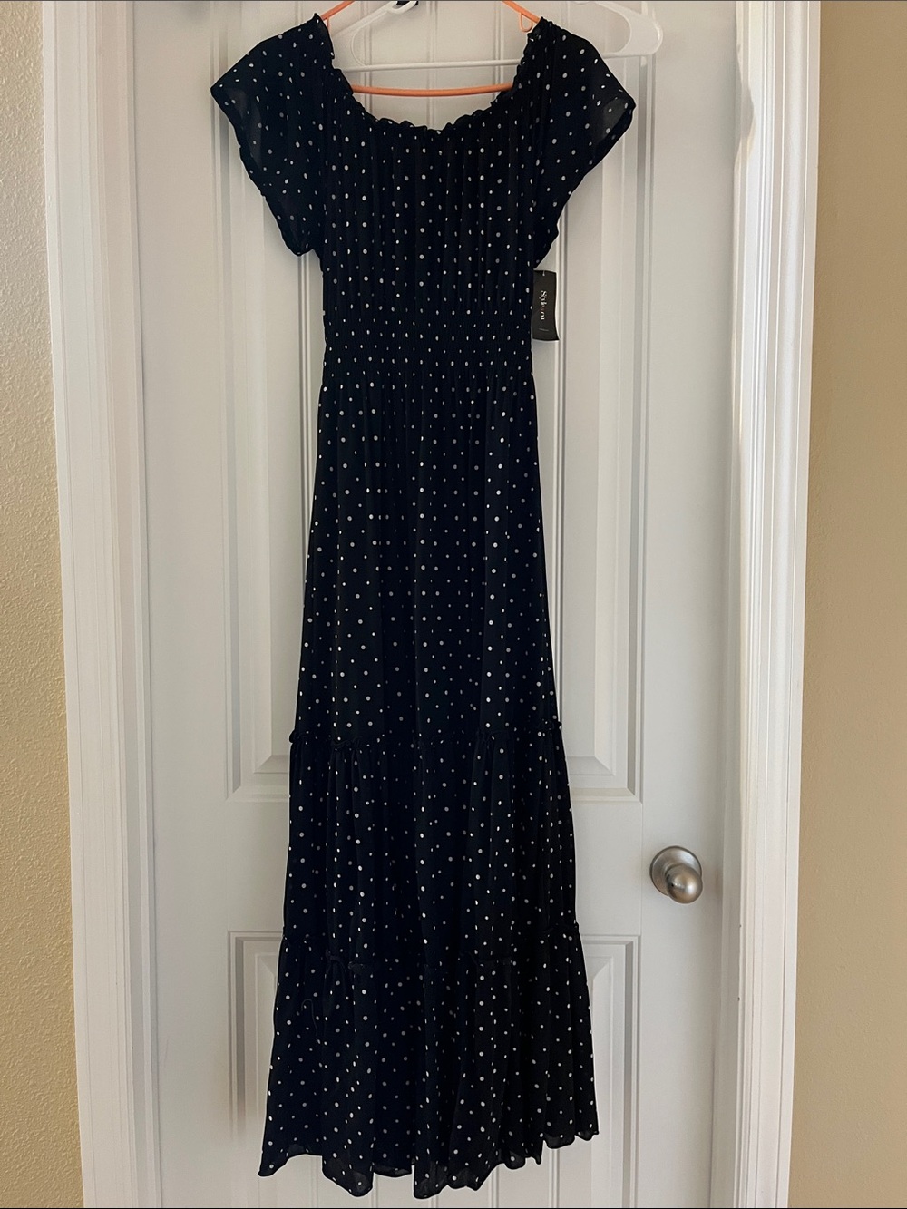 Style & Co. Elegant Black Polka Dot Off-Shoulder Maxi Dress